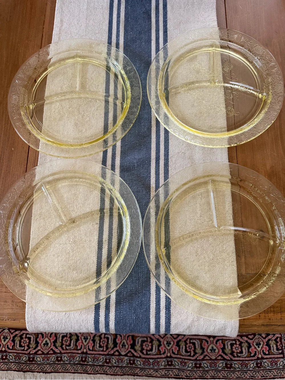 4 Topaz Yellow Depression Glass Divided Grill Plates 10.5” Floral Etched Lunch